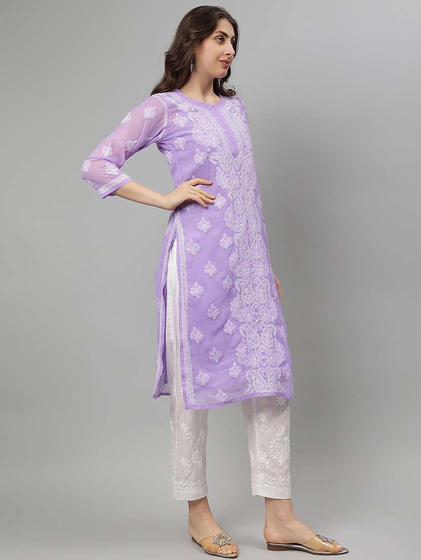 women three quarter sleeve straight chikankari kurta - 21750176 -  Standard Image - 1