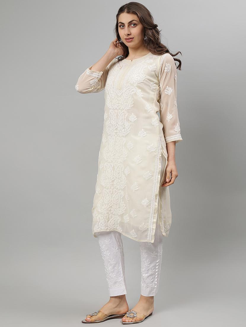 women three quarter sleeve straight chikankari kurta - 21750177 - Standard Image - 1