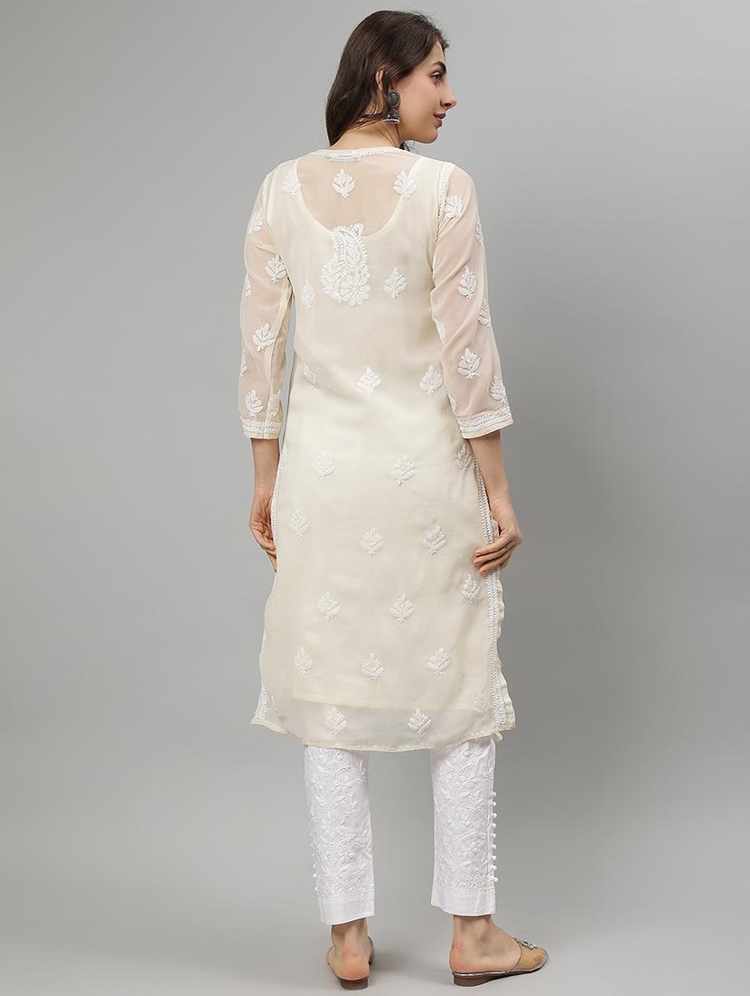 women three quarter sleeve straight chikankari kurta - 21750177 - Standard Image - 4