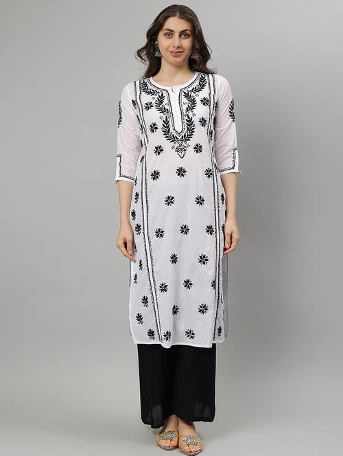 women three quarter sleeve straight chikankari kurta - 21750178 -  Standard Image - 0