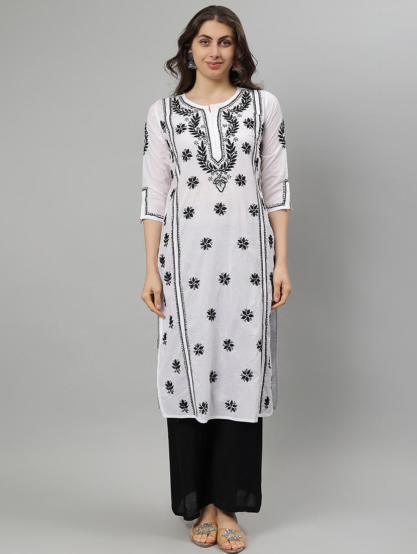 women three quarter sleeve straight chikankari kurta - 21750178 -  Zoom Image - 0