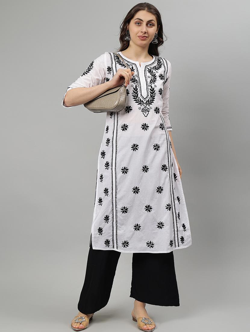 women three quarter sleeve straight chikankari kurta - 21750178 - Standard Image - 4