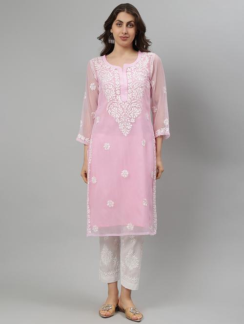 women three quarter sleeve straight chikankari kurta - 21750180 -  Standard Image - 0