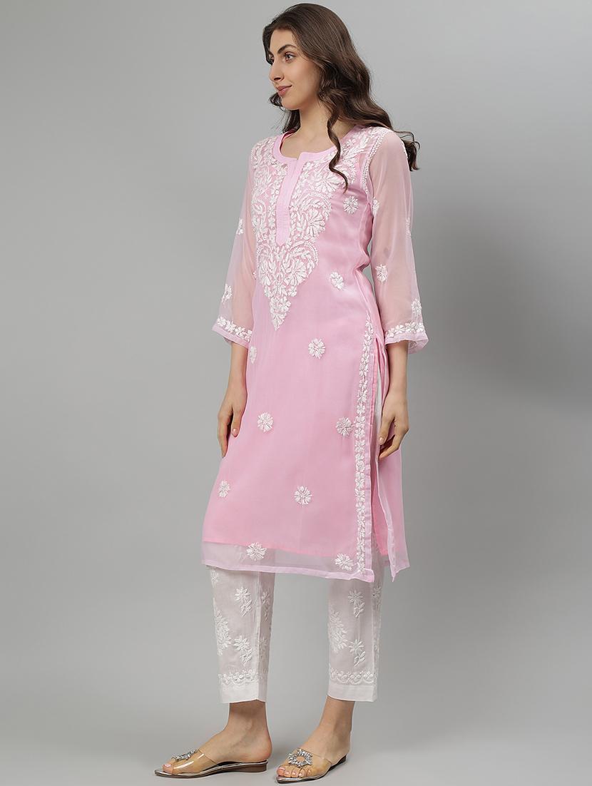 women three quarter sleeve straight chikankari kurta - 21750180 - Standard Image - 1