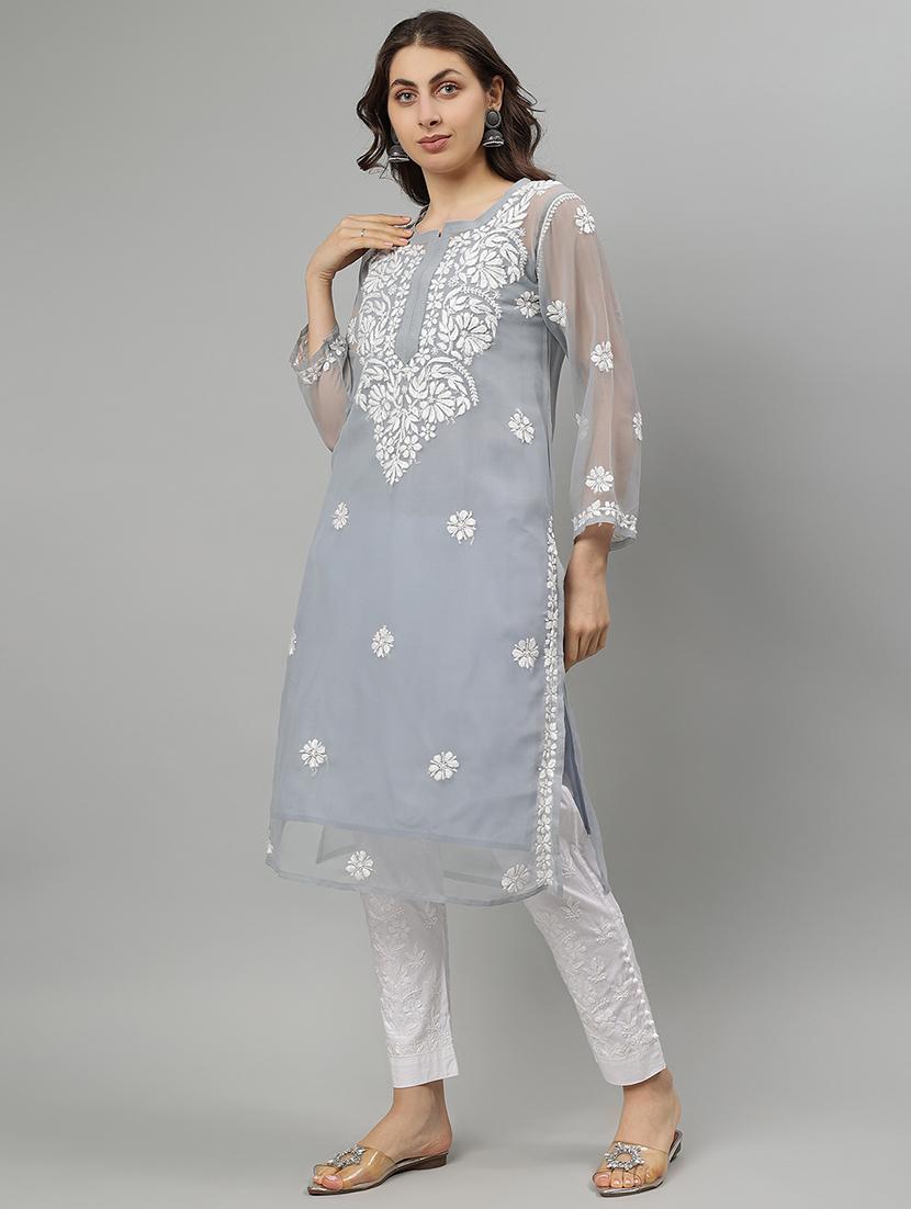 women three quarter sleeve straight chikankari kurta - 21750184 - Standard Image - 1