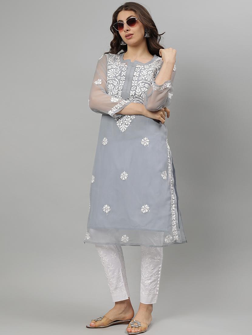 women three quarter sleeve straight chikankari kurta - 21750184 - Standard Image - 4