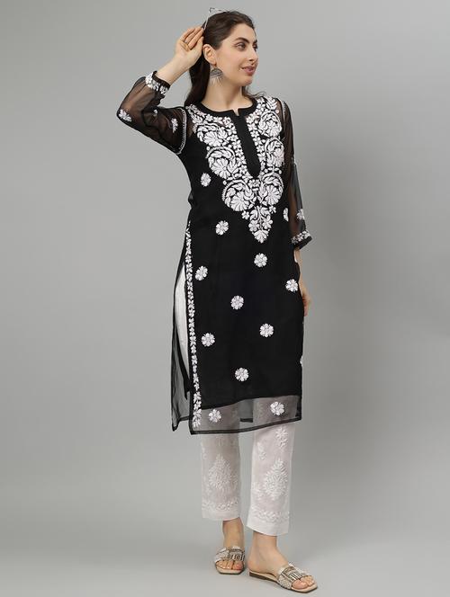 women three quarter sleeve straight chikankari kurta - 21750185 -  Standard Image - 0