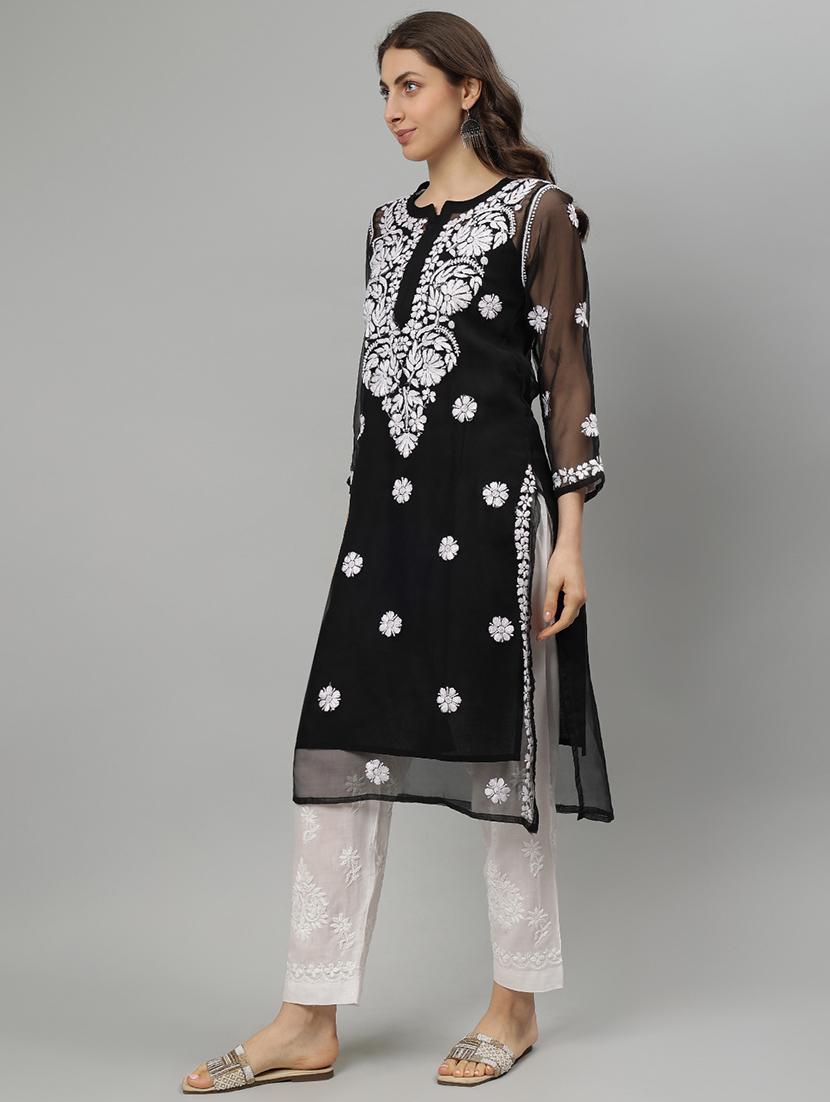 women three quarter sleeve straight chikankari kurta - 21750185 - Standard Image - 1