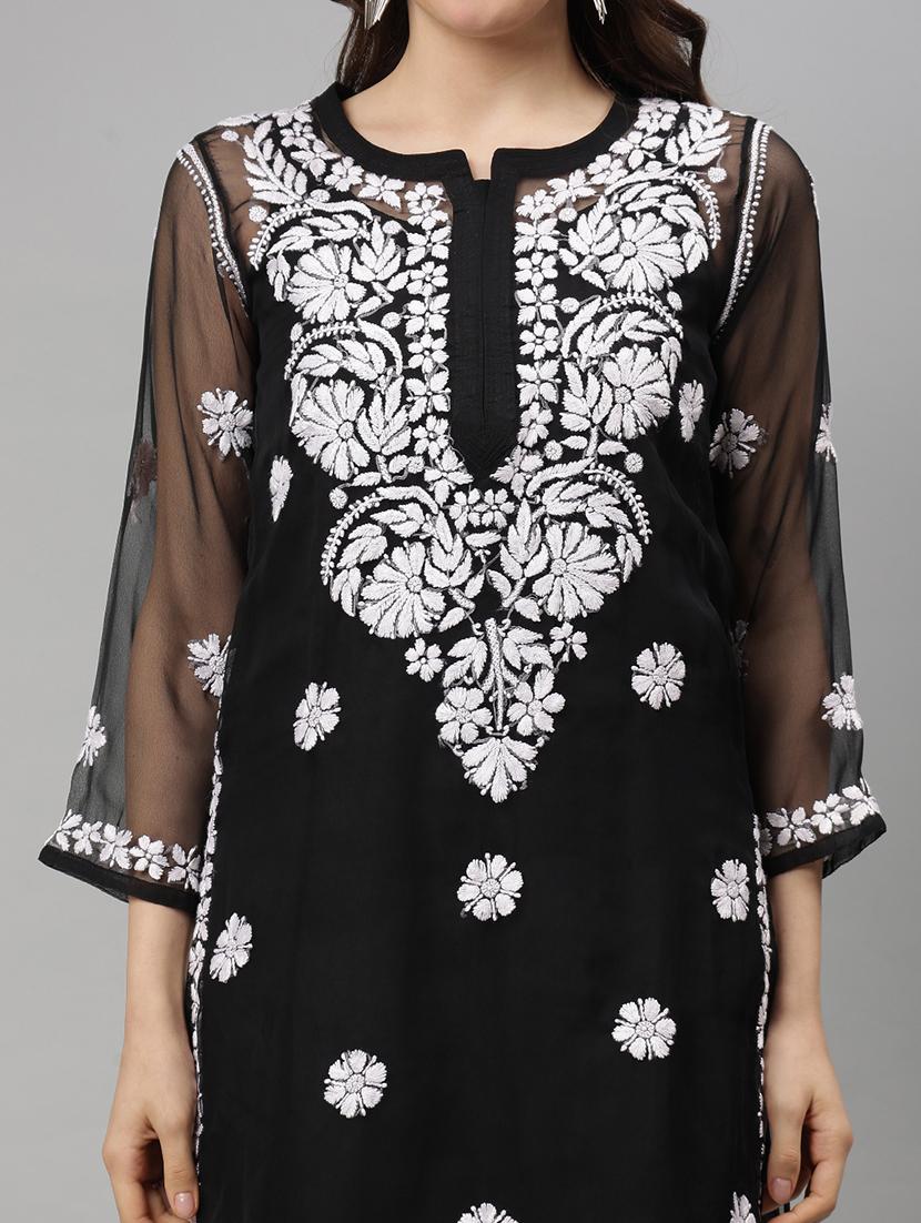 women three quarter sleeve straight chikankari kurta - 21750185 - Standard Image - 4