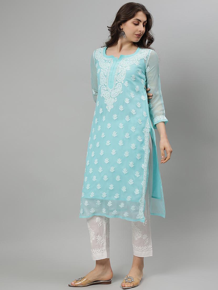 women three quarter sleeve straight chikankari kurta - 21750187 -  Standard Image - 1