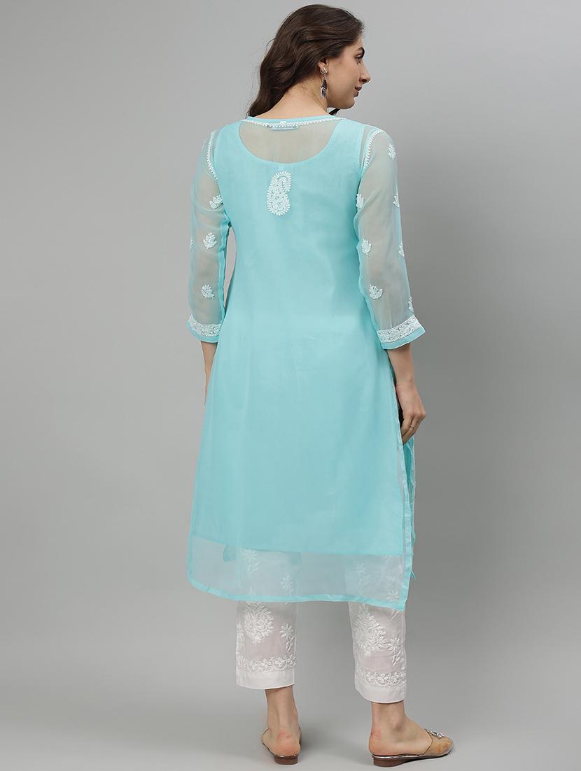 women three quarter sleeve straight chikankari kurta - 21750187 - Standard Image - 4