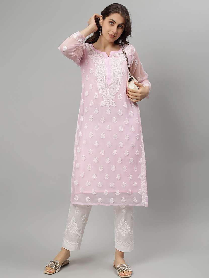 women three quarter sleeve straight chikankari kurta