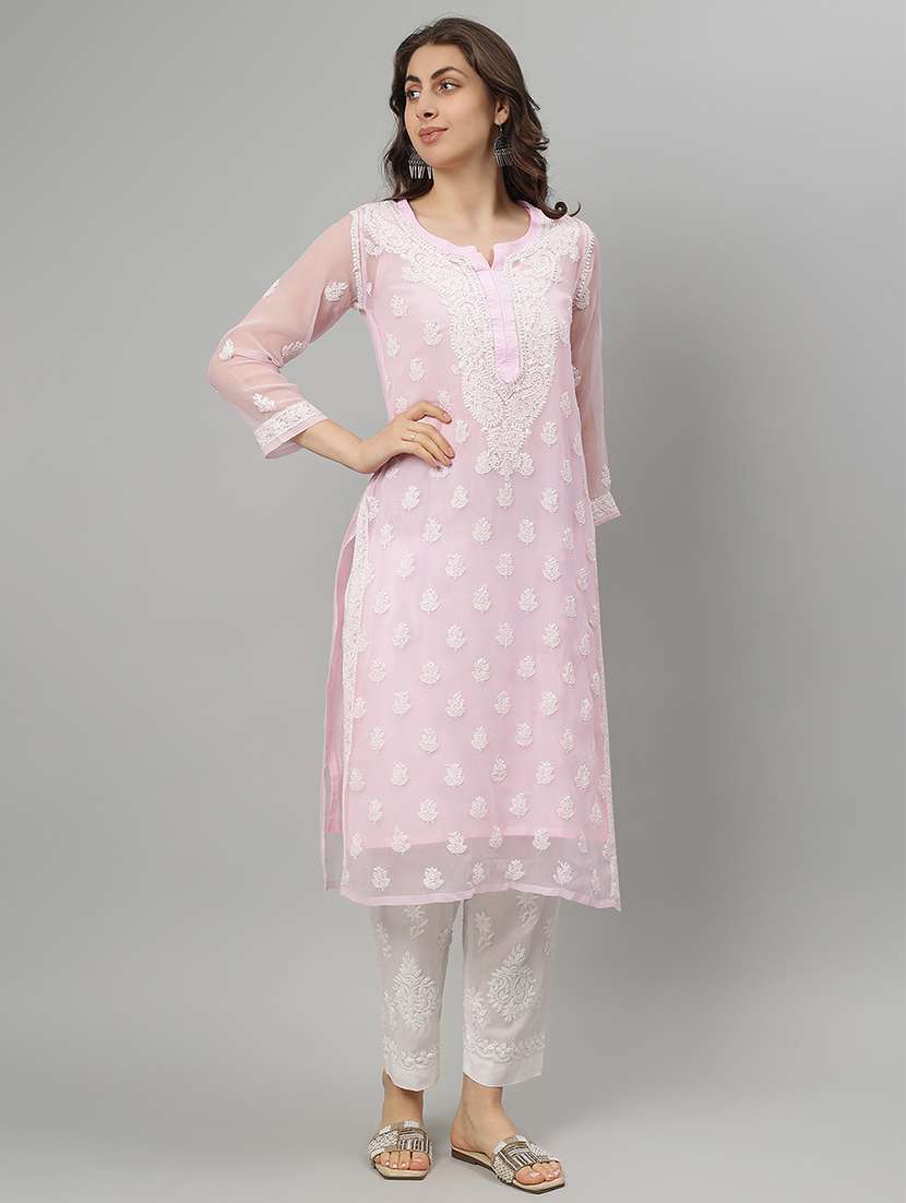 women three quarter sleeve straight chikankari kurta - 21750190 -  Standard Image - 1