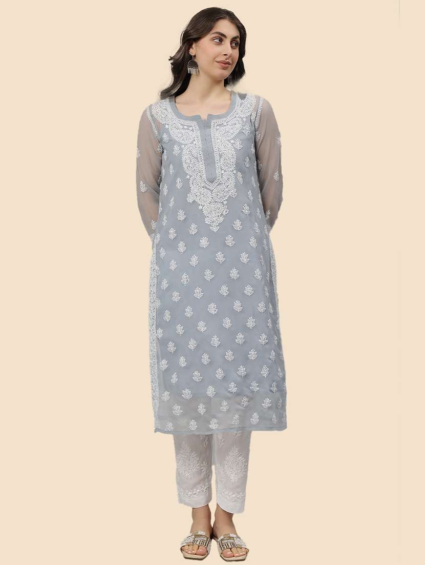 women three quarter sleeve straight chikankari kurta - 21750191 -  Standard Image - 1