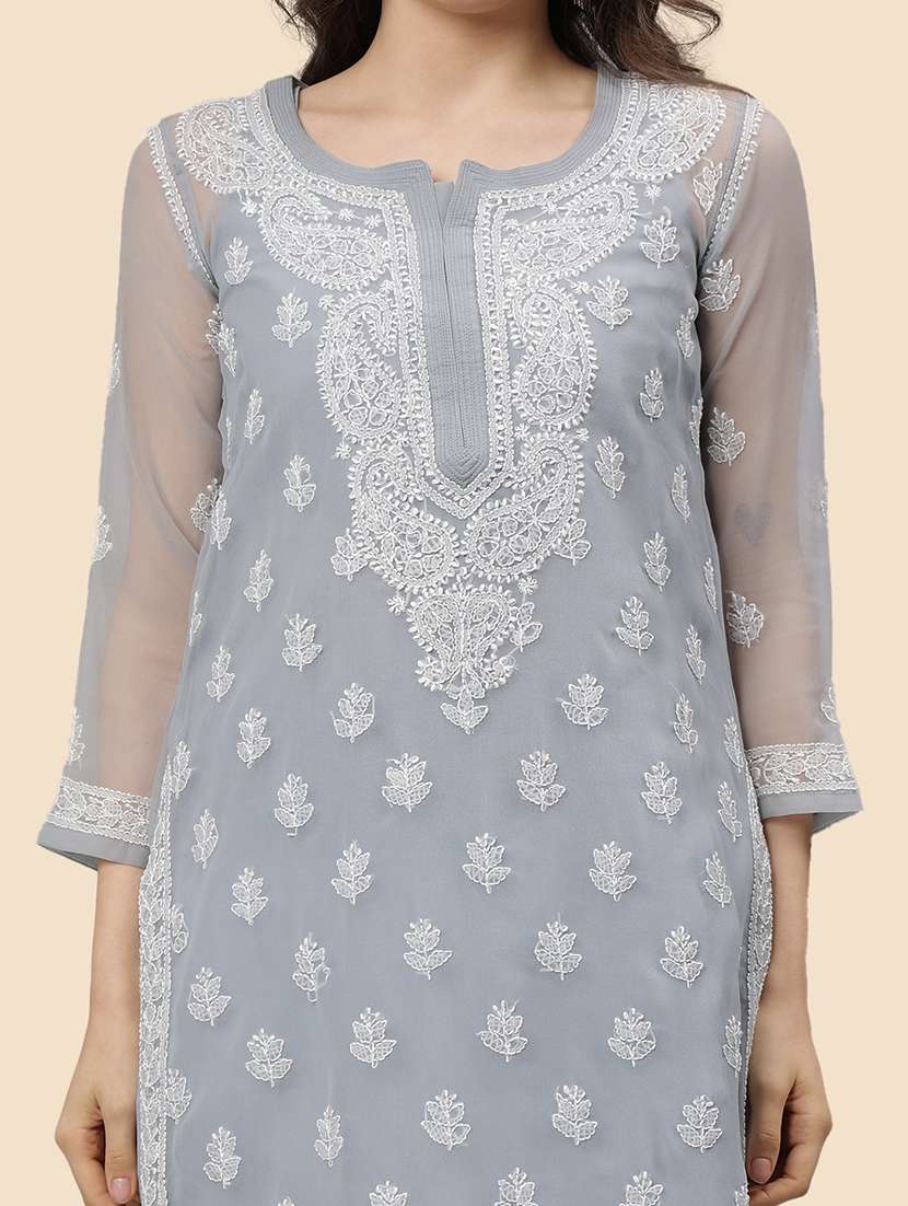 women three quarter sleeve straight chikankari kurta - 21750191 -  Standard Image - 6