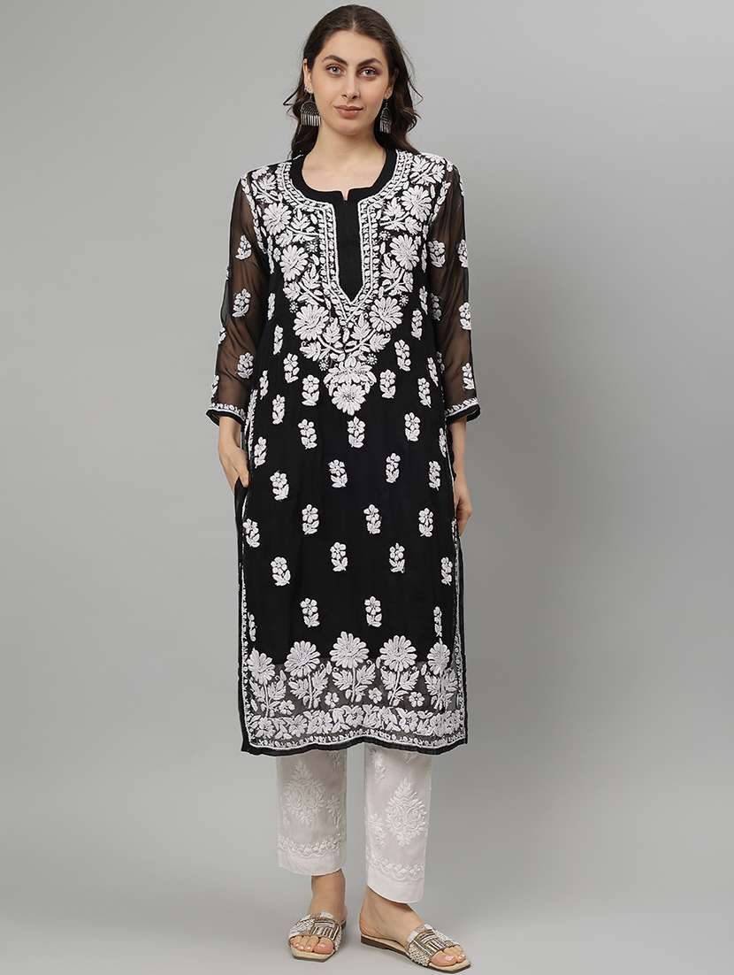 women three quarter sleeve straight chikankari kurta