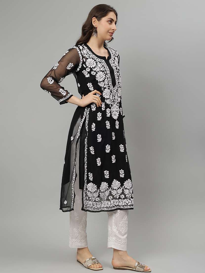 women three quarter sleeve straight chikankari kurta - 21750196 -  Standard Image - 1