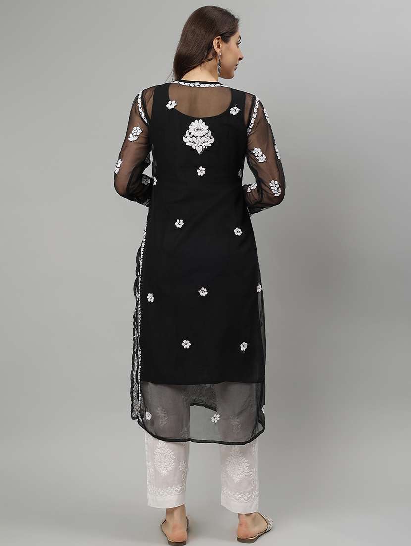 women three quarter sleeve straight chikankari kurta - 21750196 -  Standard Image - 4