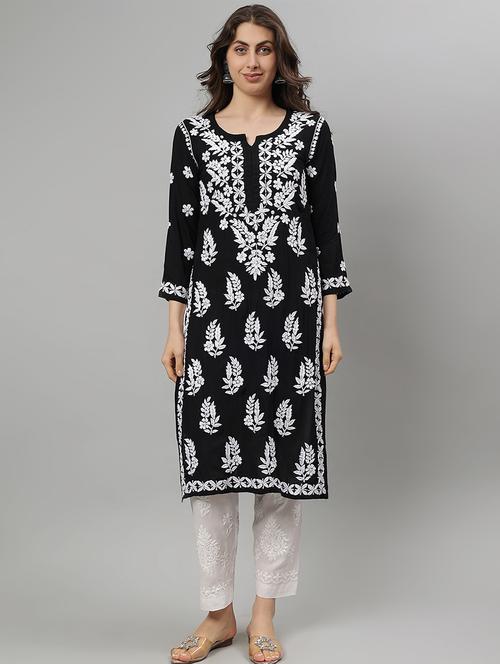 women three quarter sleeve straight chikankari kurta - 21750197 -  Standard Image - 0