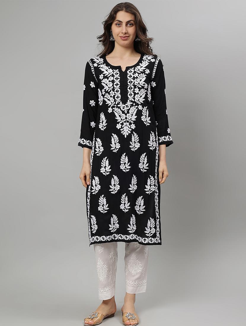 women three quarter sleeve straight chikankari kurta - 21750197 -  Zoom Image - 0