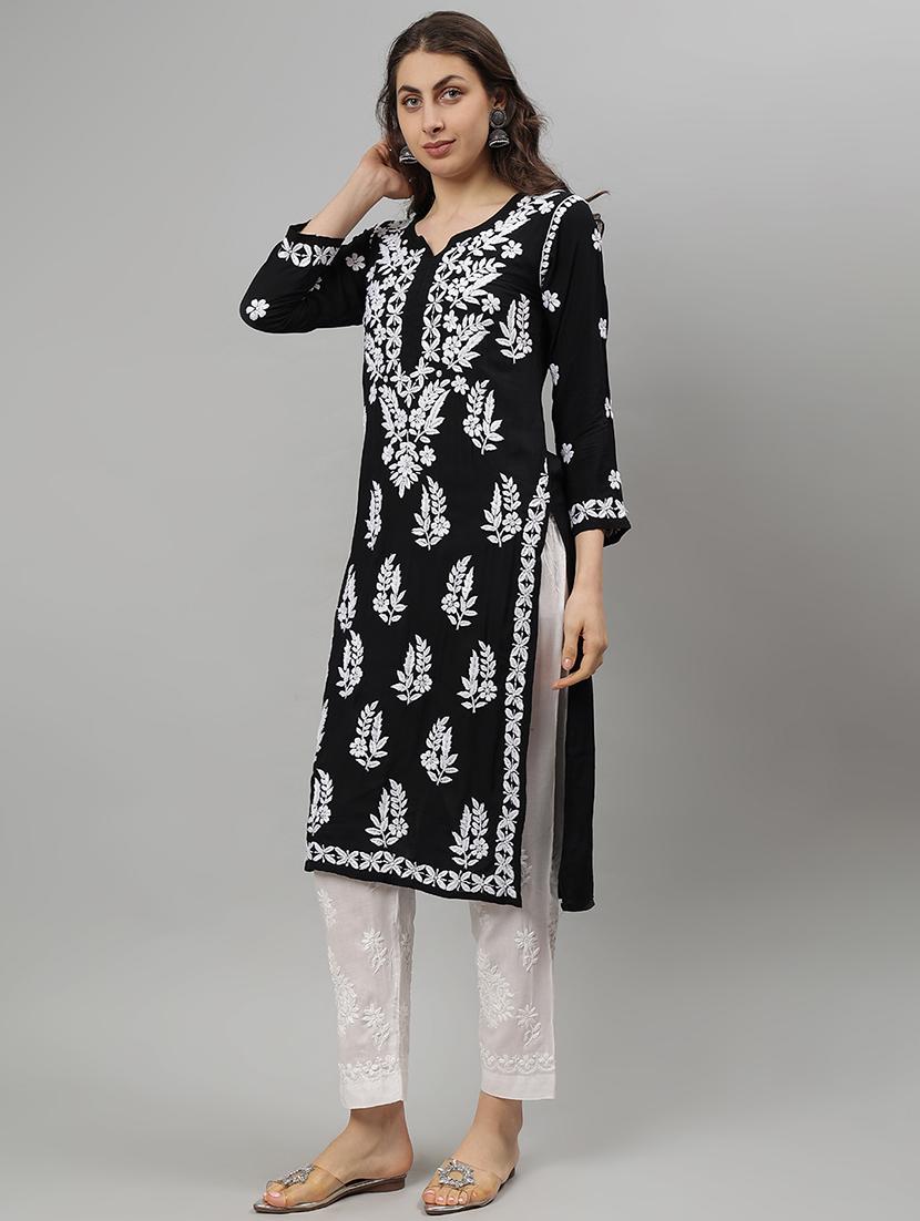 women three quarter sleeve straight chikankari kurta - 21750197 - Standard Image - 1
