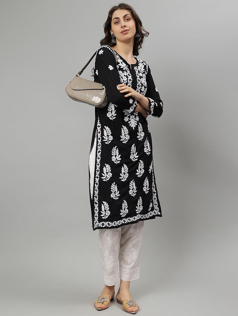 women three quarter sleeve straight chikankari kurta - 21750197 - Standard Image - 4