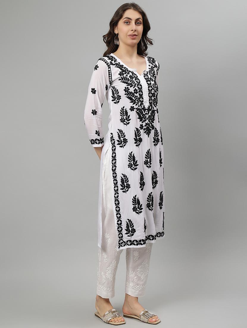 women three quarter sleeve straight chikankari kurta - 21750198 - Standard Image - 1