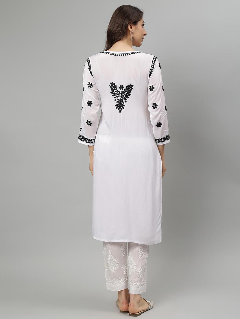 women three quarter sleeve straight chikankari kurta - 21750198 - Standard Image - 4