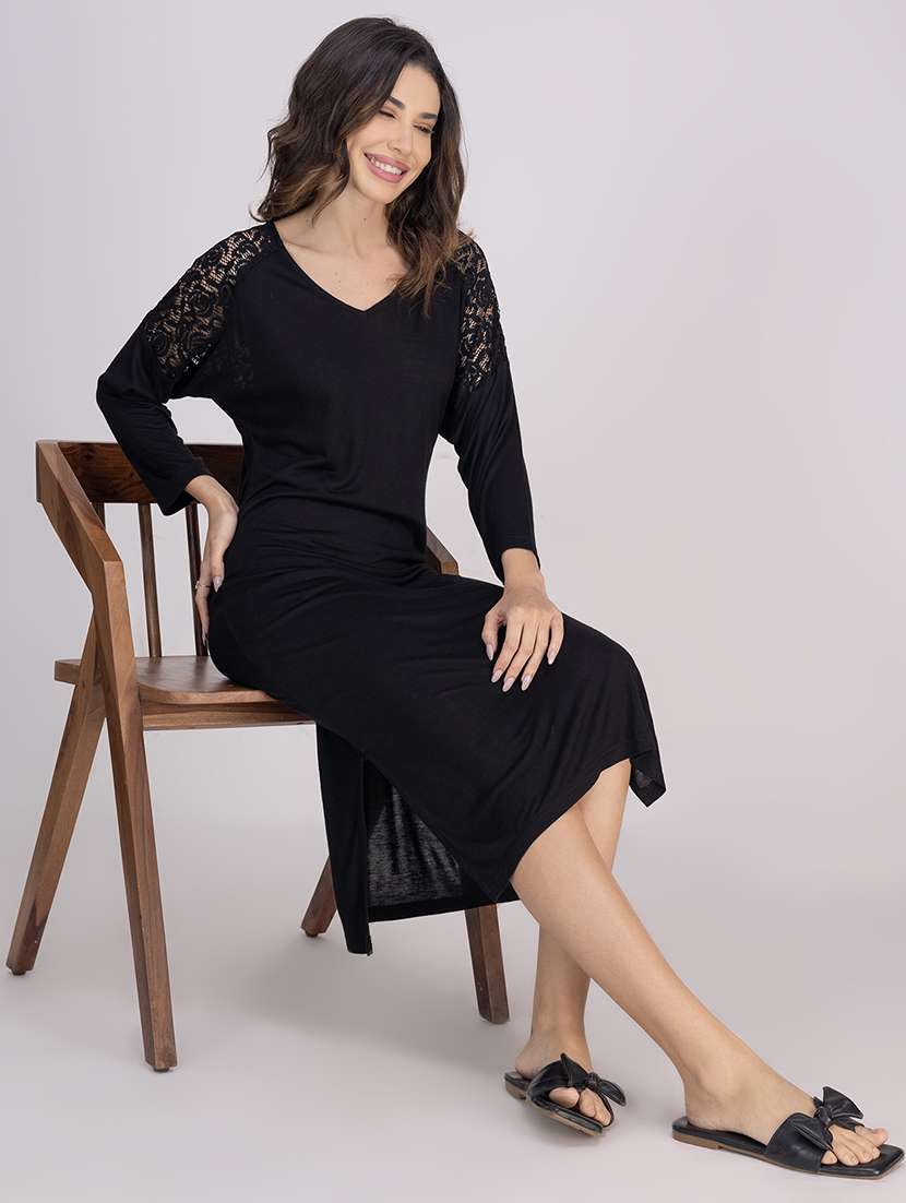 women solid lace detailed long sleeves nighty - 21750206 -  Standard Image - 1