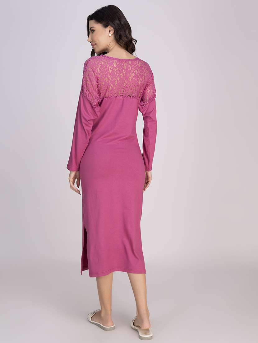women solid lace detailed long sleeves nighty - 21750207 -  Standard Image - 4