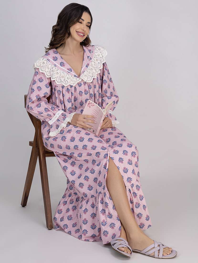 women printed lace detailed long sleeves nighty - 21750216 -  Standard Image - 1