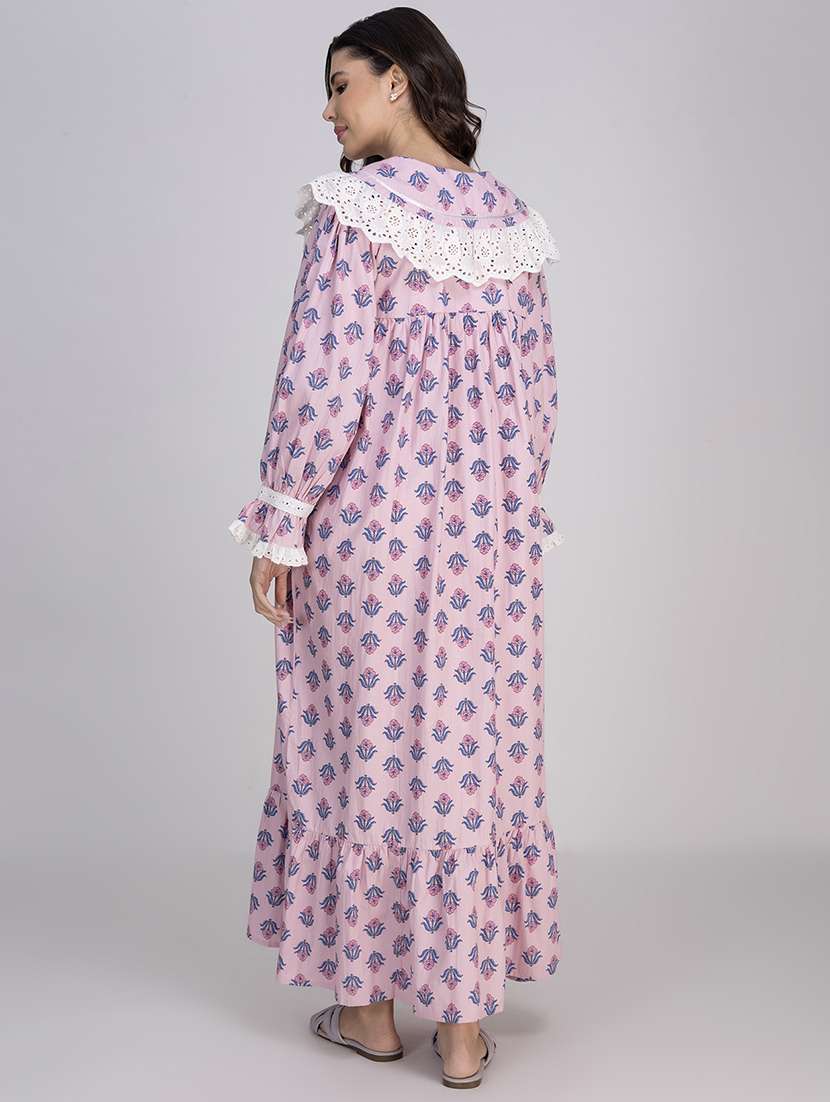 women printed lace detailed long sleeves nighty - 21750216 -  Standard Image - 4