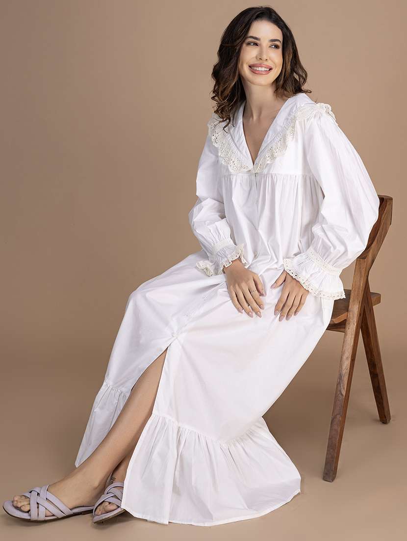 women solid lace detailed long sleeves nighty - 21750218 -  Standard Image - 1