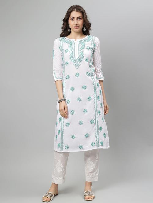 women three quarter sleeve straight chikankari kurta - 21750220 - Standard Image - 0