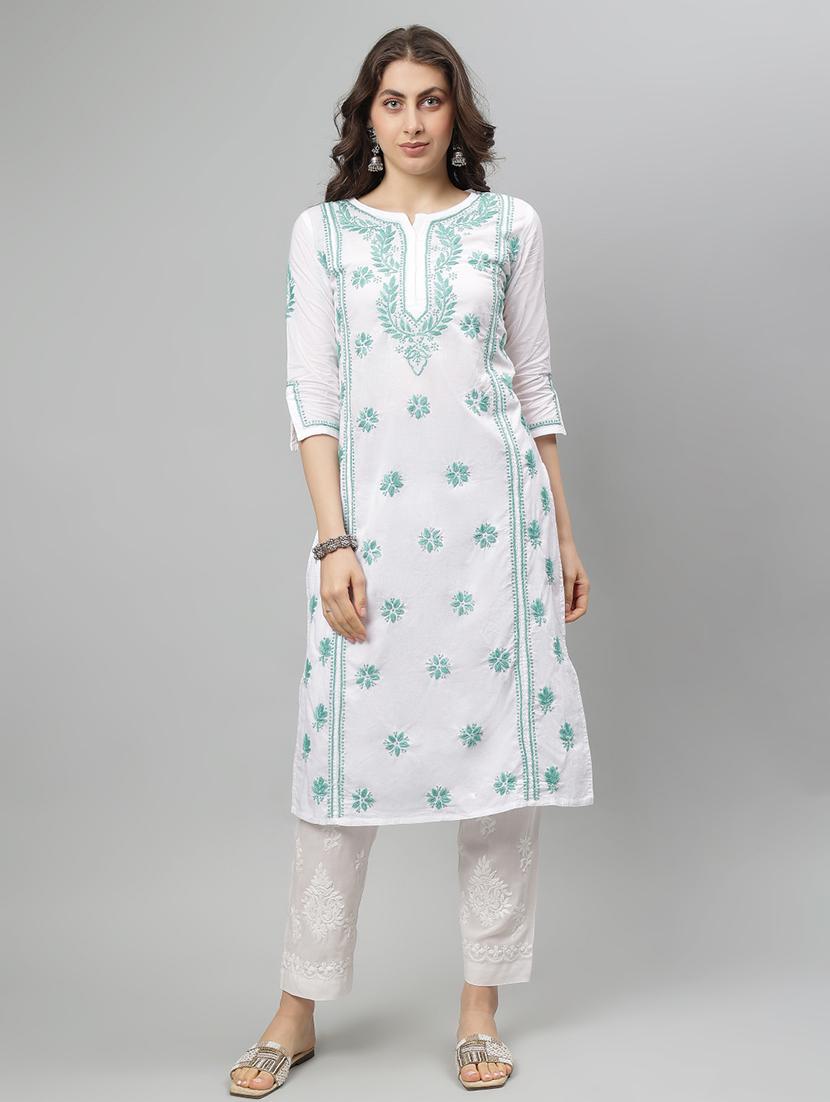 women three quarter sleeve straight chikankari kurta - 21750220 - Zoom Image - 0