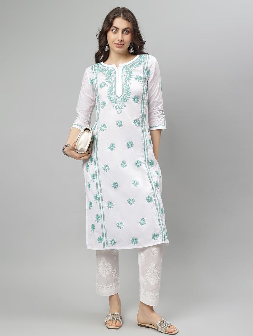 women three quarter sleeve straight chikankari kurta - 21750220 - Standard Image - 4
