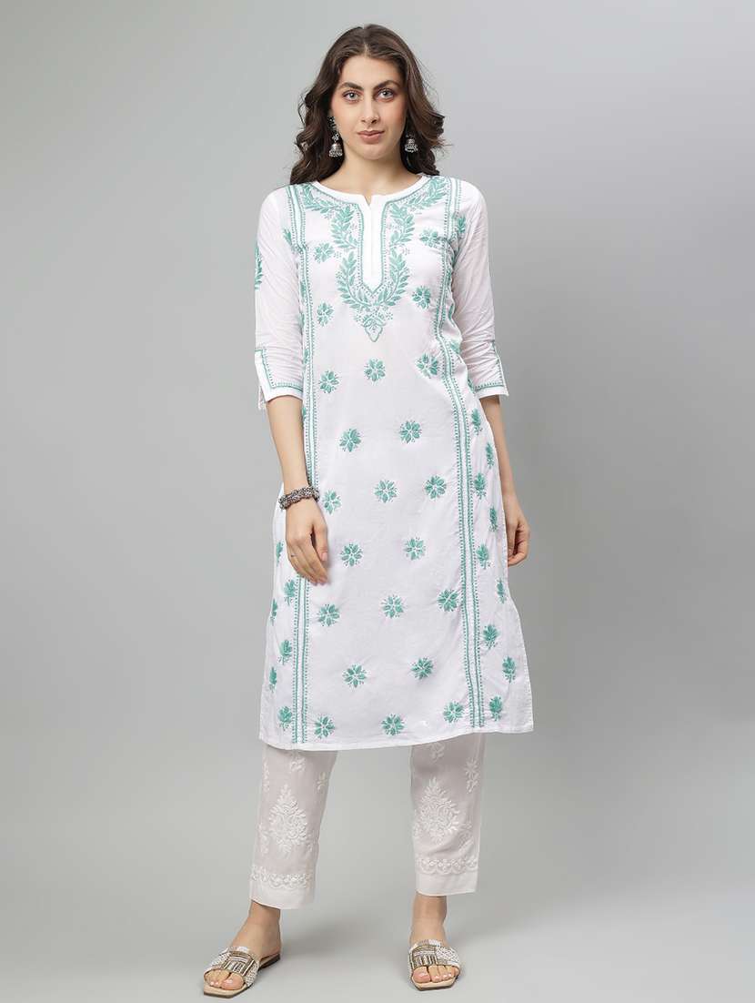 women three quarter sleeve straight chikankari kurta - 21750221 - Zoom Image - 0