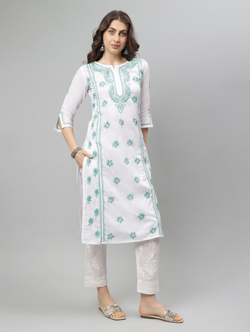 women three quarter sleeve straight chikankari kurta - 21750221 -  Standard Image - 1
