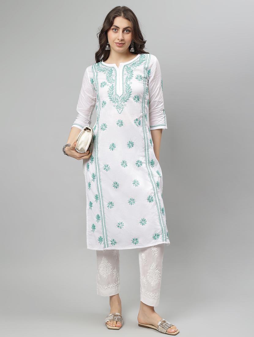 women three quarter sleeve straight chikankari kurta - 21750221 - Standard Image - 4
