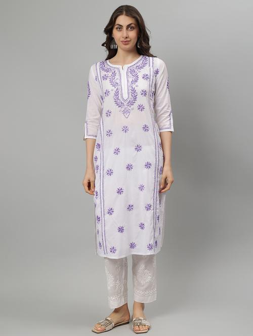 women three quarter sleeve straight chikankari kurta - 21750222 - Standard Image - 0