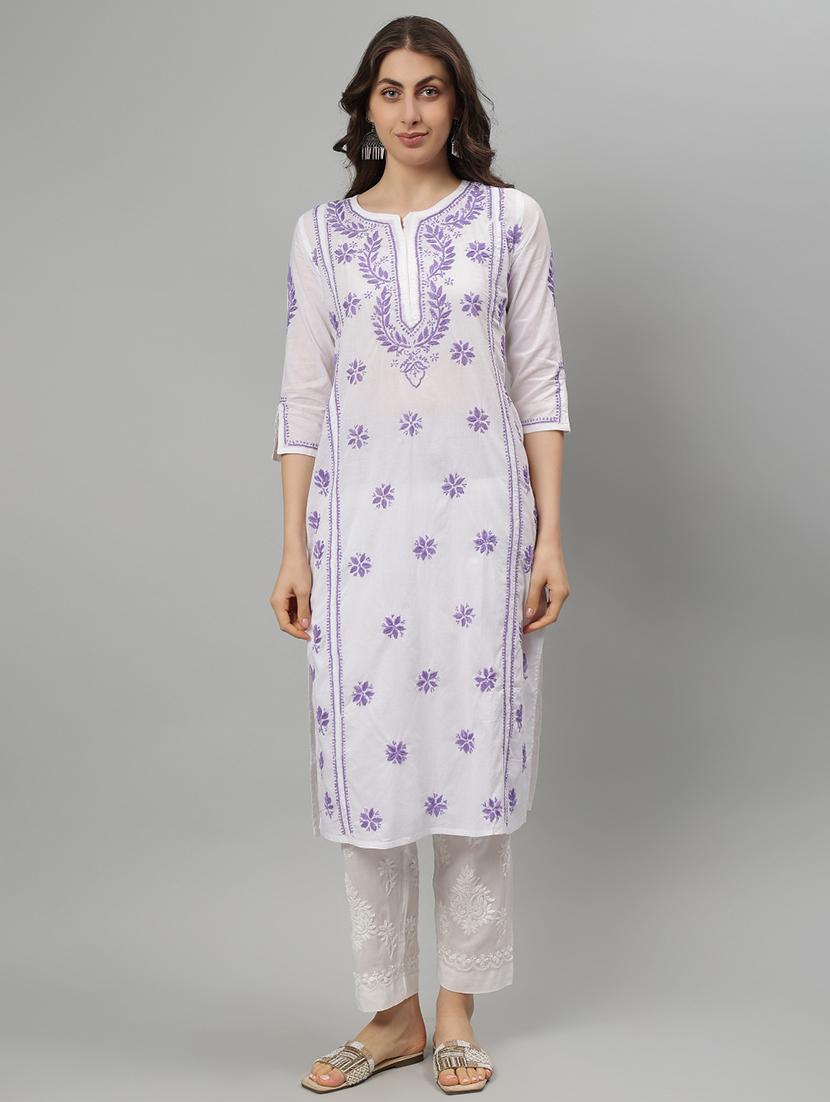 women three quarter sleeve straight chikankari kurta - 21750222 - Zoom Image - 0