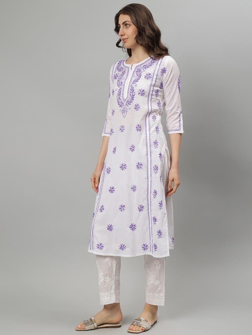 women three quarter sleeve straight chikankari kurta - 21750222 -  Standard Image - 1