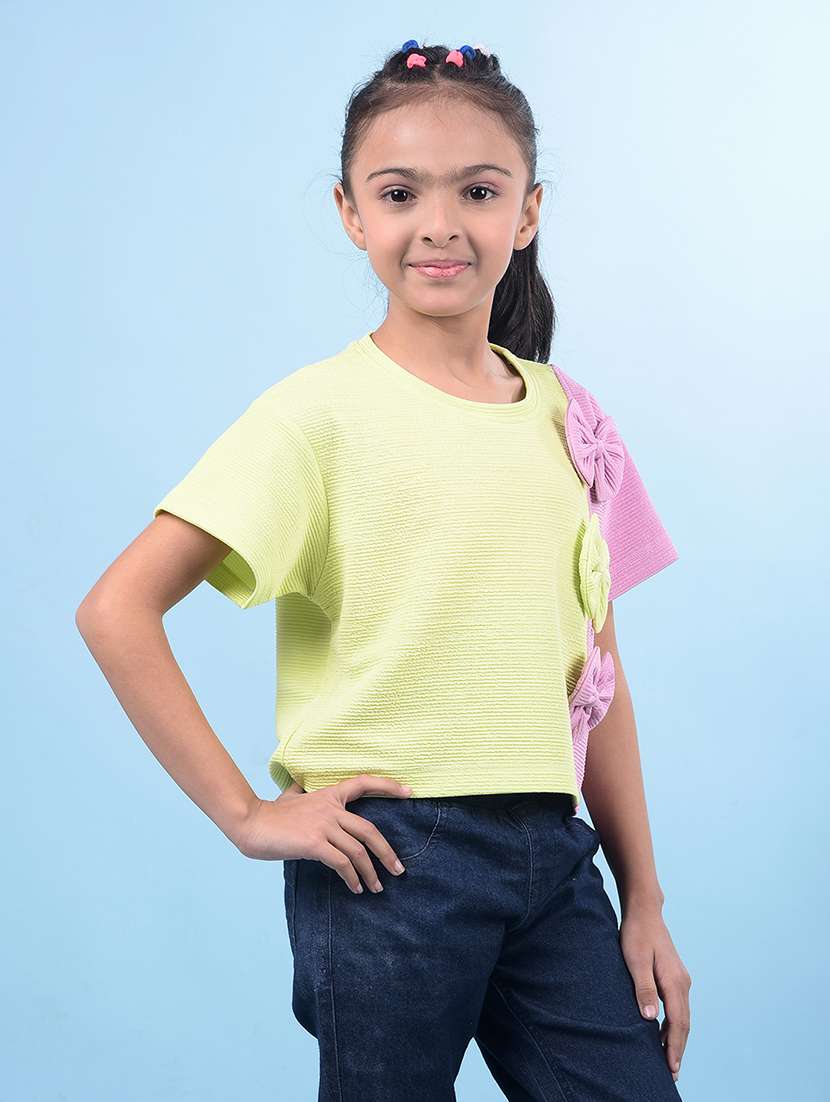 girls yellow color block round neck regular tee - 21750553 -  Standard Image - 1