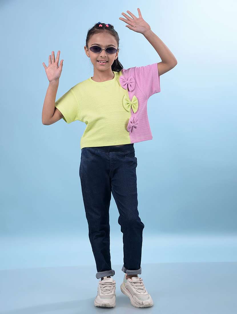 girls yellow color block round neck regular tee - 21750553 - Standard Image - 4