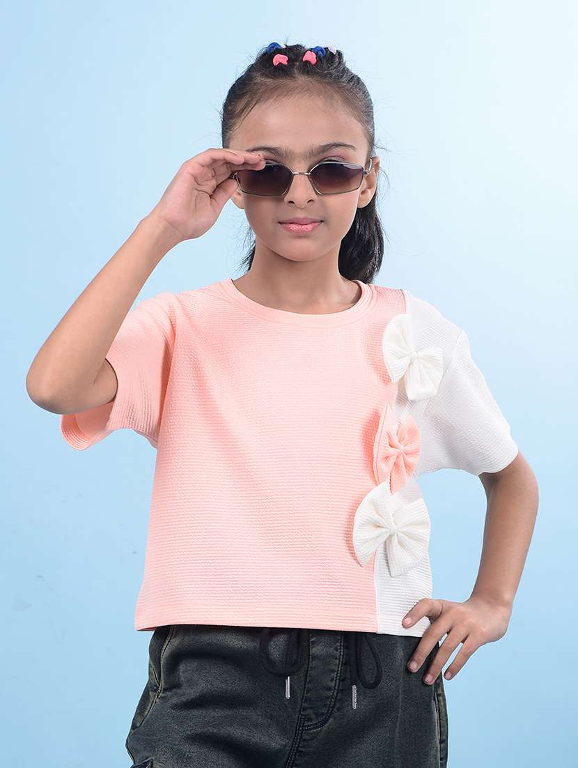 girls peach color block short sleeve regular tee