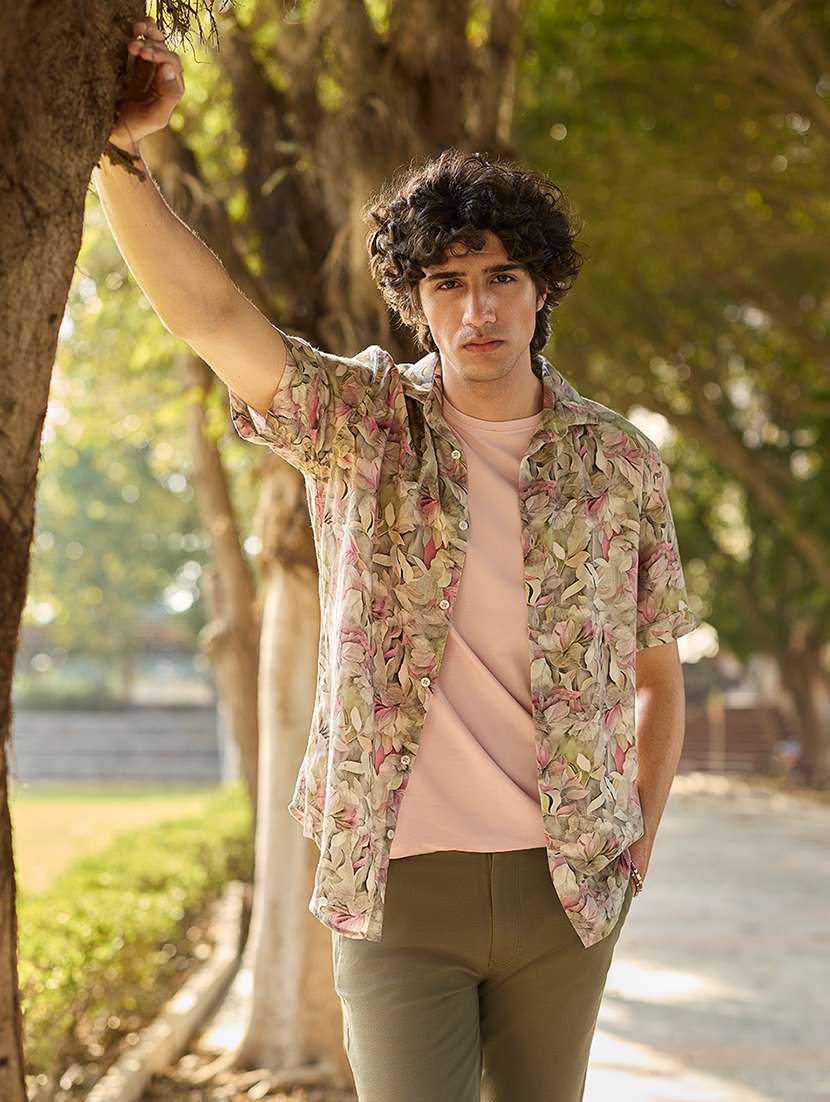 men floral printed short sleeve slim fit casual shirt - 21750597 -  Standard Image - 1