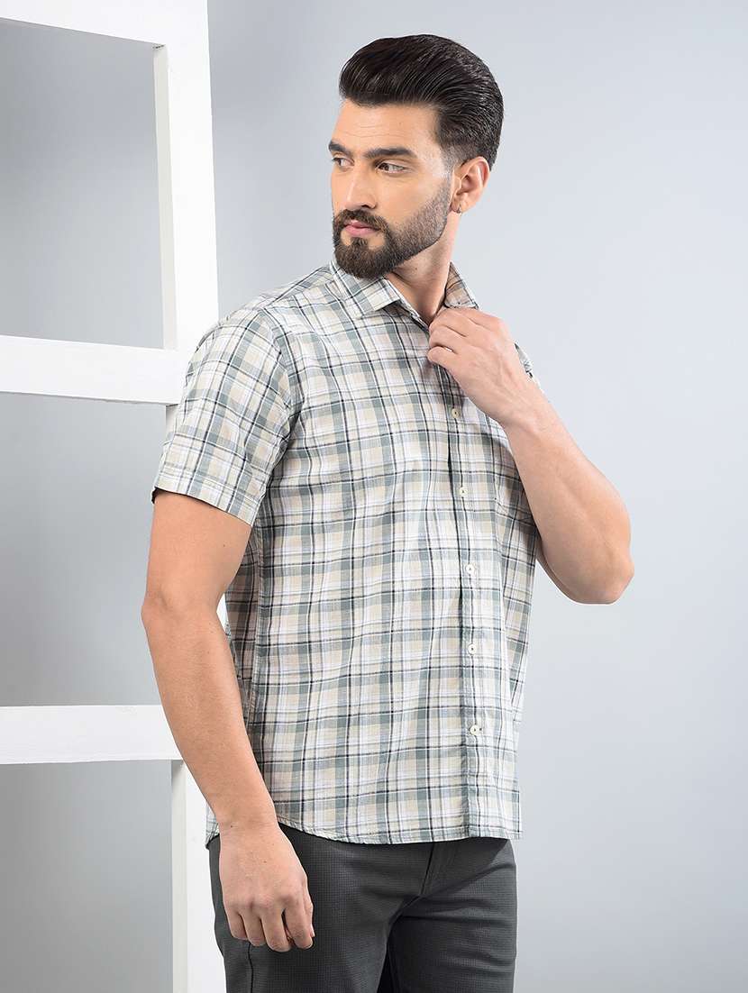 men checkered short sleeve slim fit casual shirt