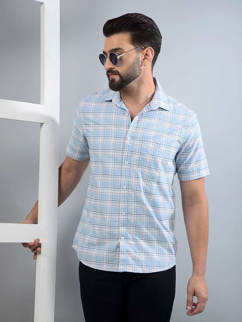 men checkered short sleeve slim fit casual shirt