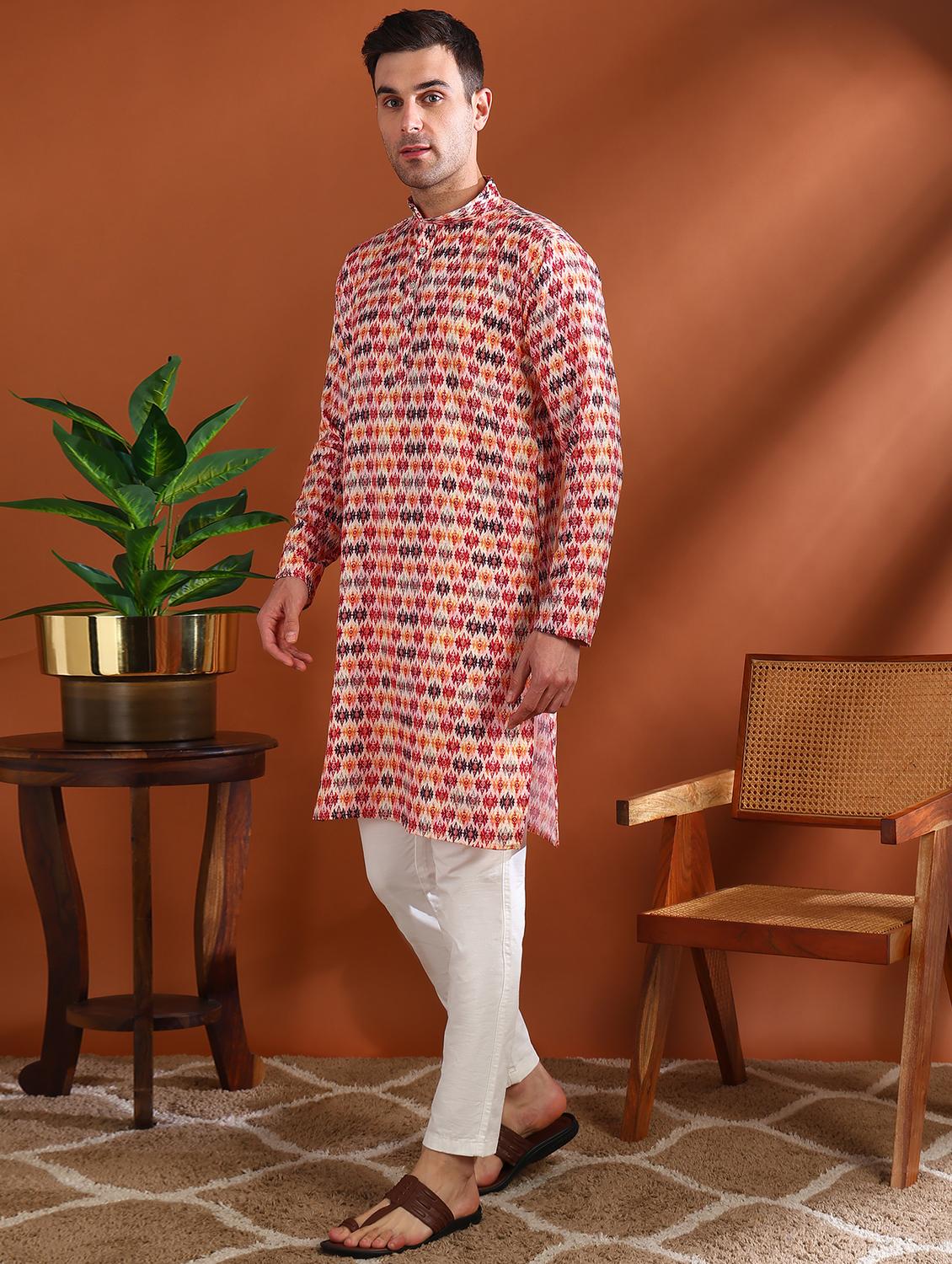 men printed mandarin neck long kurta - 21750730 - Standard Image - 1