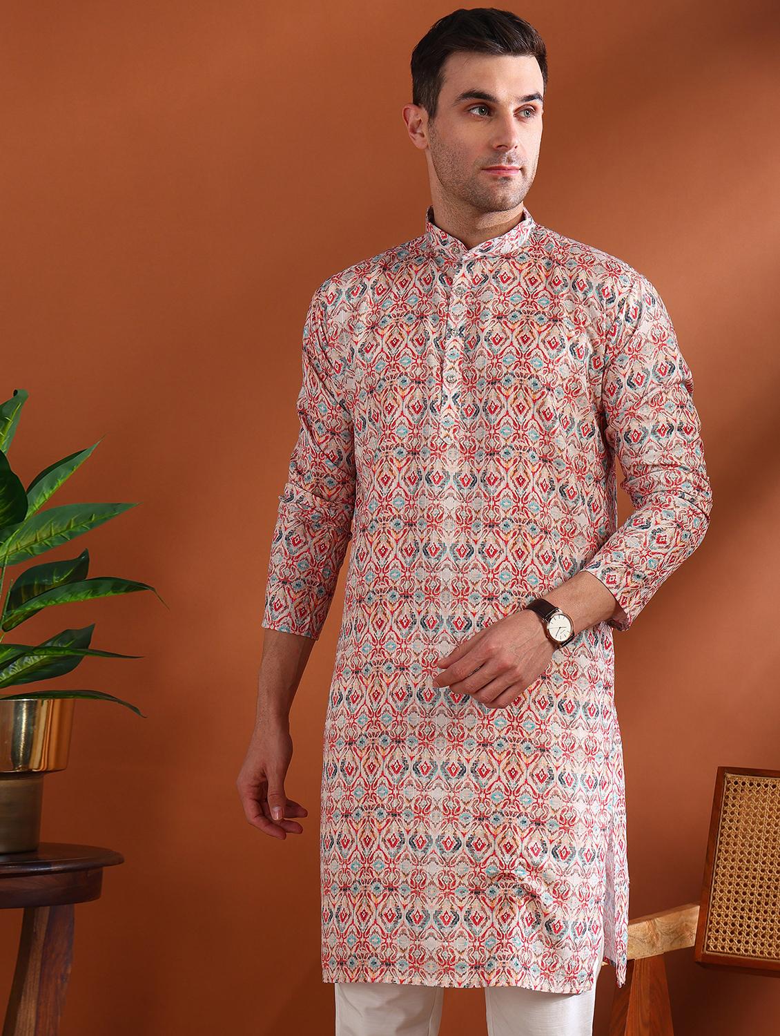 men printed mandarin neck long kurta - 21750731 - Standard Image - 1
